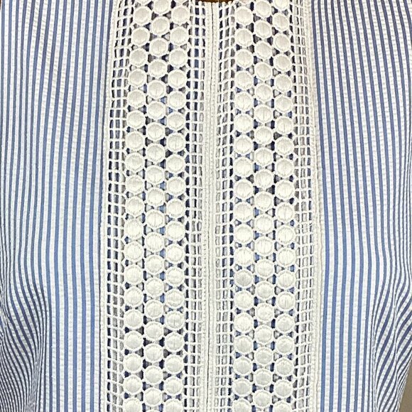 London Times Seersucker & Crochet Lace 60s/70s Shift Dress Sz 6 Blue/White 250C - Picture 4 of 11